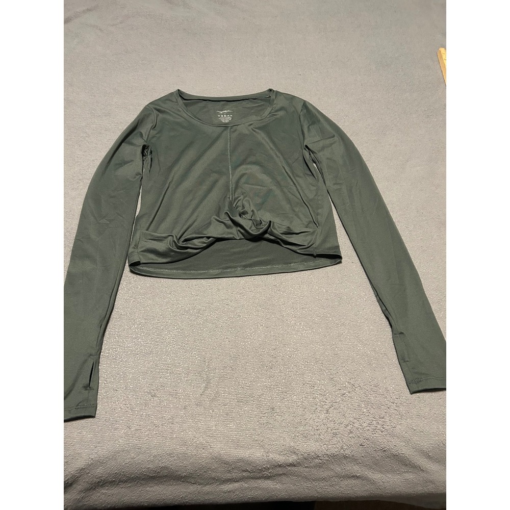 Gottex Women Green Twist Front Long Sleeve Cropped Activewear Top S Thumbhole